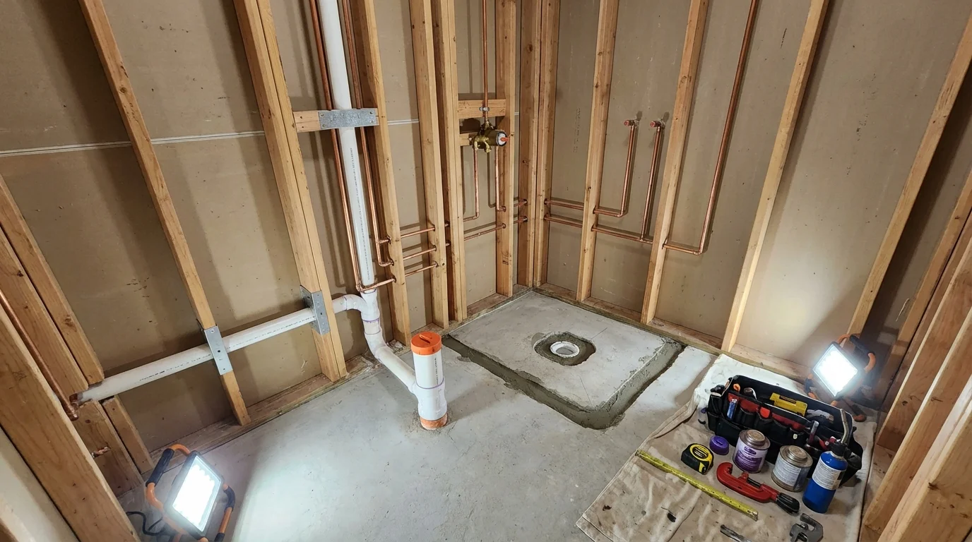 Bathroom rough-in plumbing during remodel by Johns Plumbing LLC in Longwood