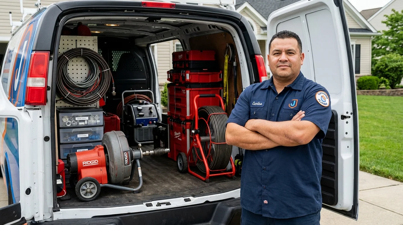 Professional drain cleaning equipment and Johns Plumbing LLC plumber in Longwood