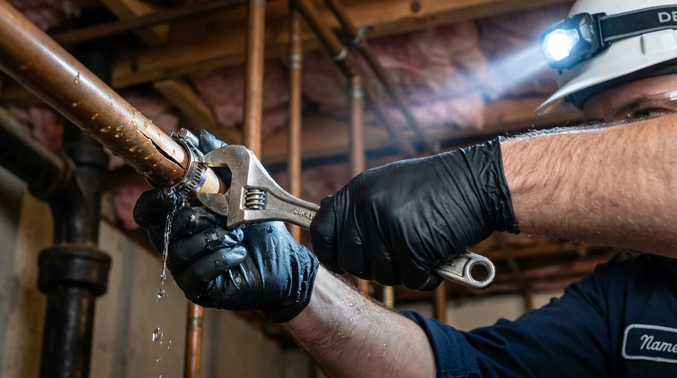 Emergency pipe clamp repair being performed by a Johns Plumbing LLC plumber in Longwood
