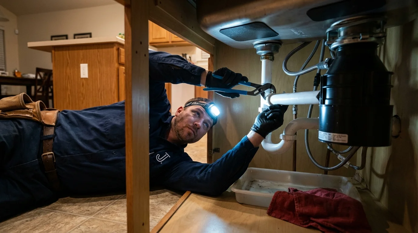 P-trap and supply line connections under a kitchen sink showing a common leak point in Longwood, FL
